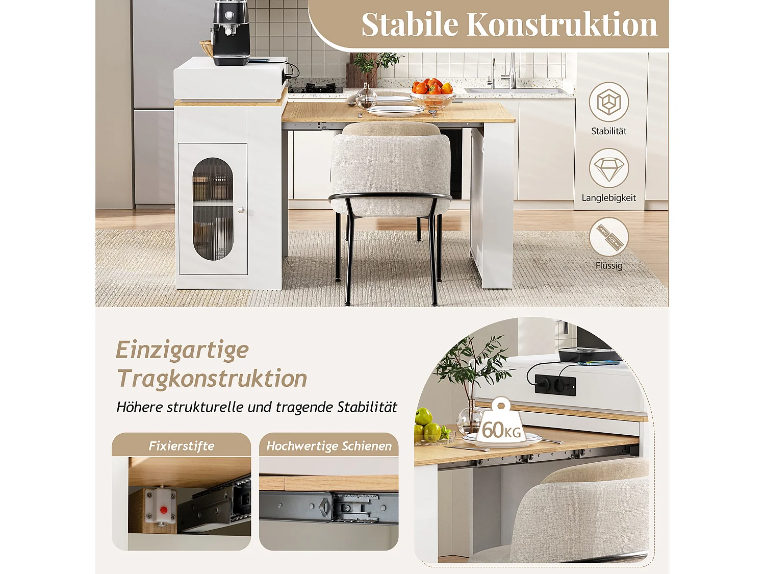 Îlot central extensible sur roulettes avec plateau rabattable - 83 x 46 x 96 cm - table de bar avec porte et tiroir - MDF + verre - blanc