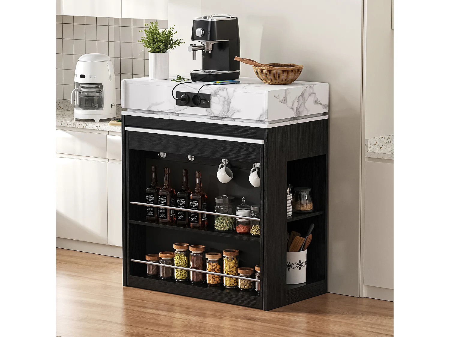 Îlot central extensible sur roulettes avec plateau rabattable - 83 x 46 x 96 cm - table de bar avec porte et tiroir - MDF + verre - noir