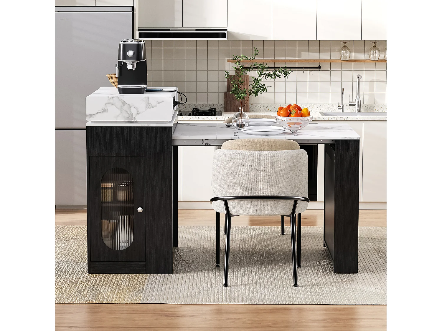 Îlot central extensible sur roulettes avec plateau rabattable - 83 x 46 x 96 cm - table de bar avec porte et tiroir - MDF + verre - noir