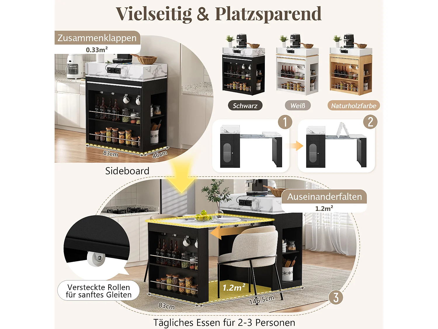 Îlot central extensible sur roulettes avec plateau rabattable - 83 x 46 x 96 cm - table de bar avec porte et tiroir - MDF + verre - noir