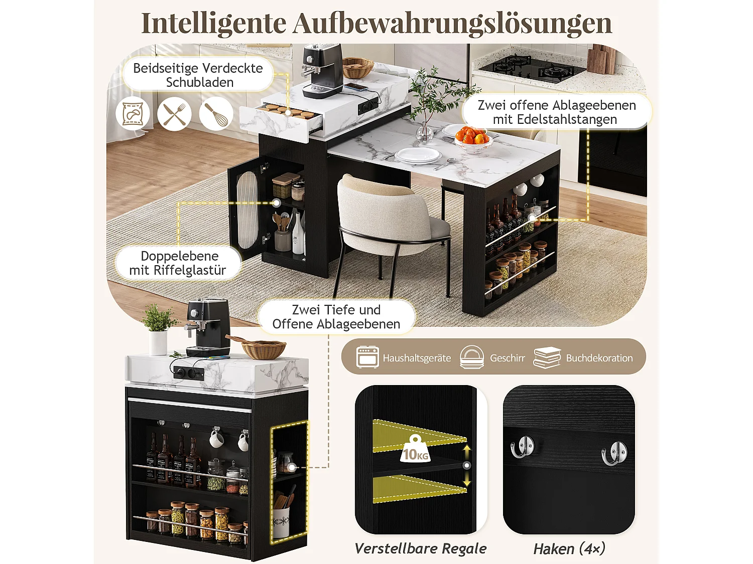 Îlot central extensible sur roulettes avec plateau rabattable - 83 x 46 x 96 cm - table de bar avec porte et tiroir - MDF + verre - noir