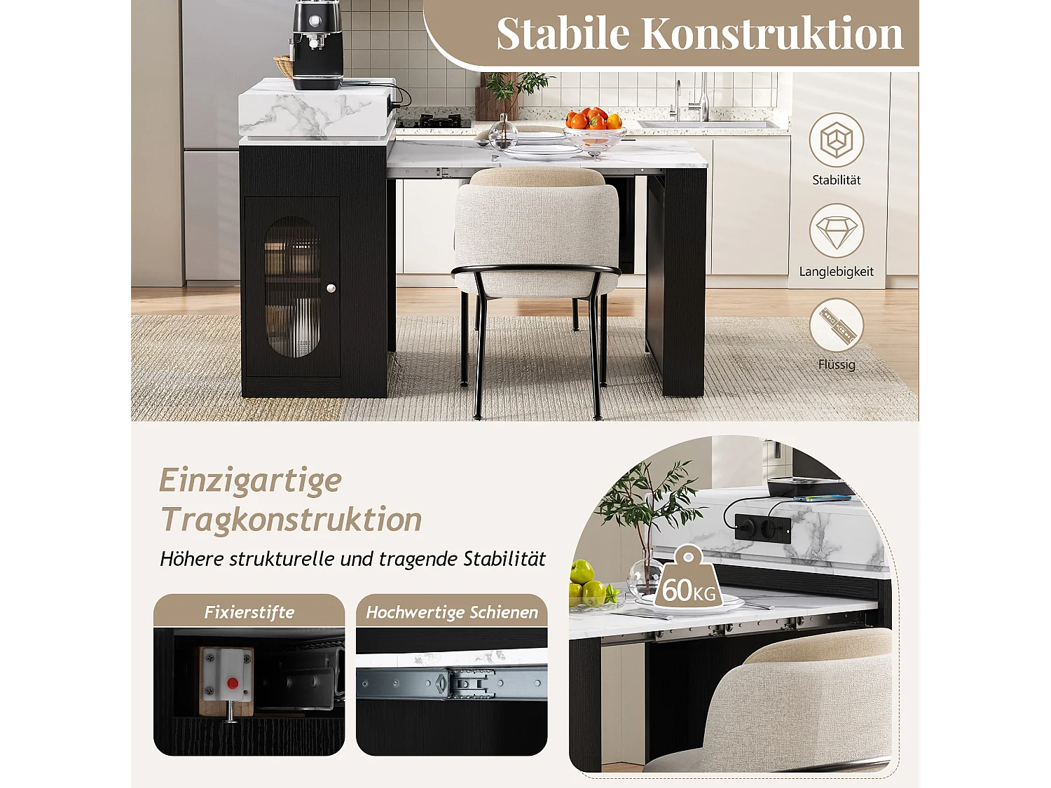 Îlot central extensible sur roulettes avec plateau rabattable - 83 x 46 x 96 cm - table de bar avec porte et tiroir - MDF + verre - noir