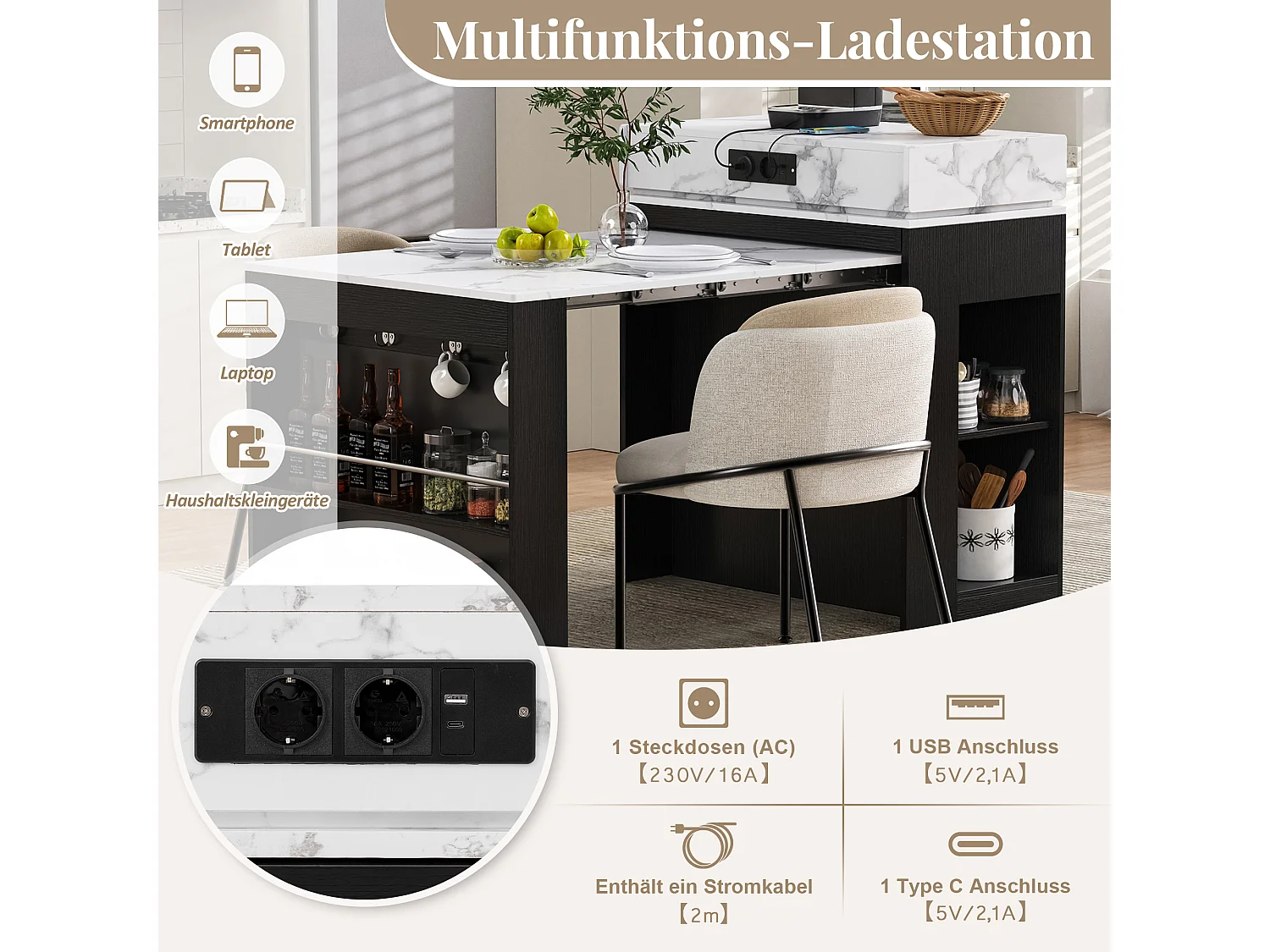 Îlot central extensible sur roulettes avec plateau rabattable - 83 x 46 x 96 cm - table de bar avec porte et tiroir - MDF + verre - noir