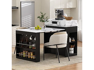 Ausziehbare Kücheninsel auf Rollen mit klappbarer Arbeitsplatte – 83 x 46 x 96 cm – Bartisch mit Tür und Schublade – MDF + Glas – schwarz