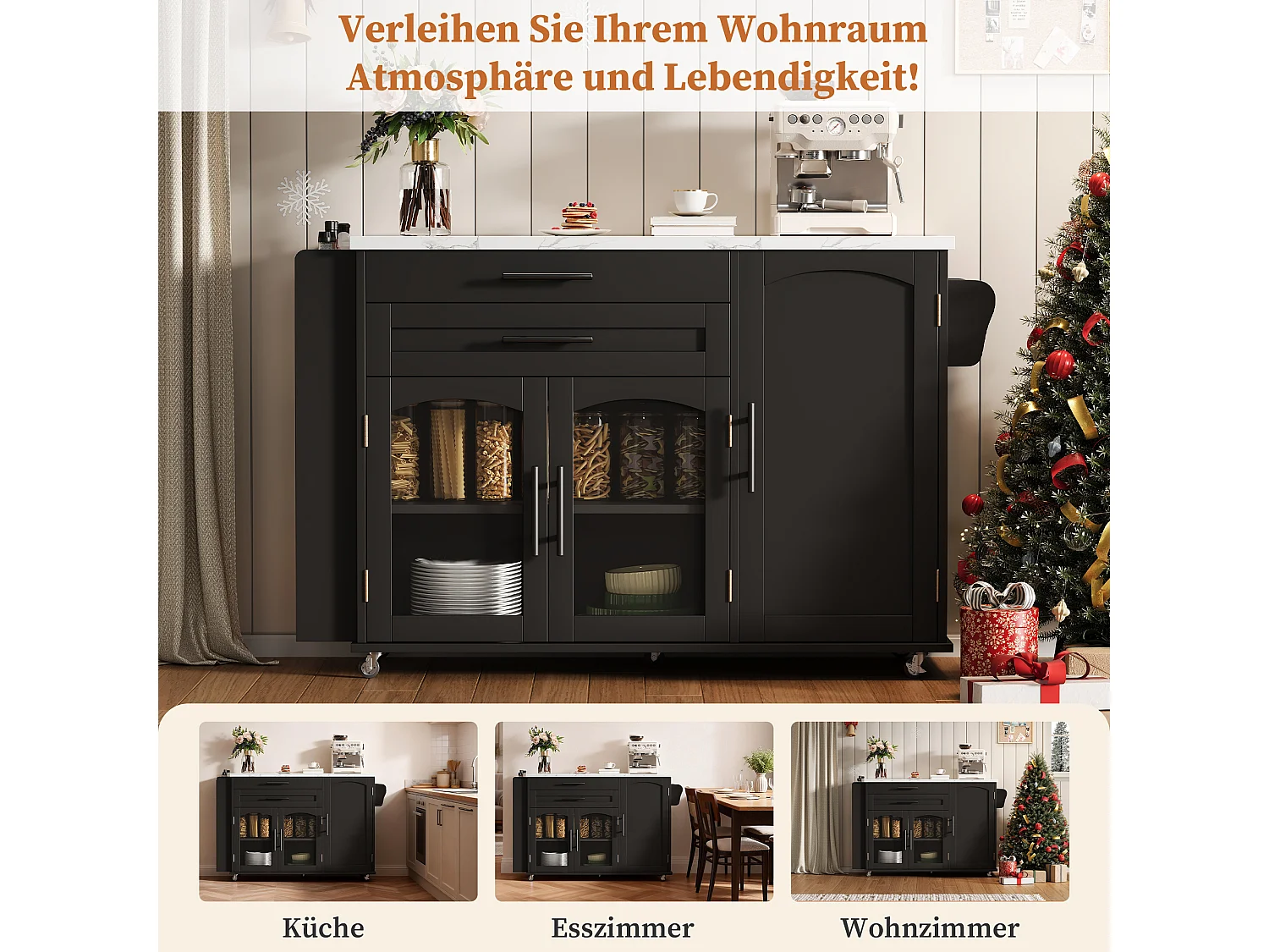 Îlot de cuisine mobile avec plan de travail pliable - 138 x 45 (70) x 90 cm - avec étagère + 2 tiroir + 3 portes - MDF - noir