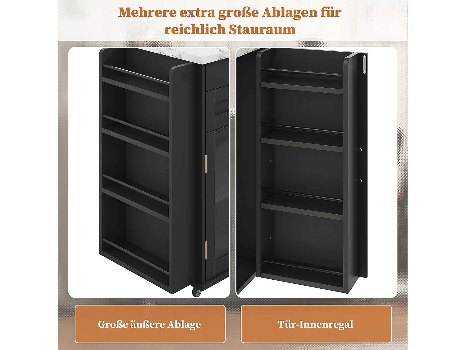 Îlot de cuisine mobile avec plan de travail pliable - 138 x 45 (70) x 90 cm - avec étagère + 2 tiroir + 3 portes - MDF - noir