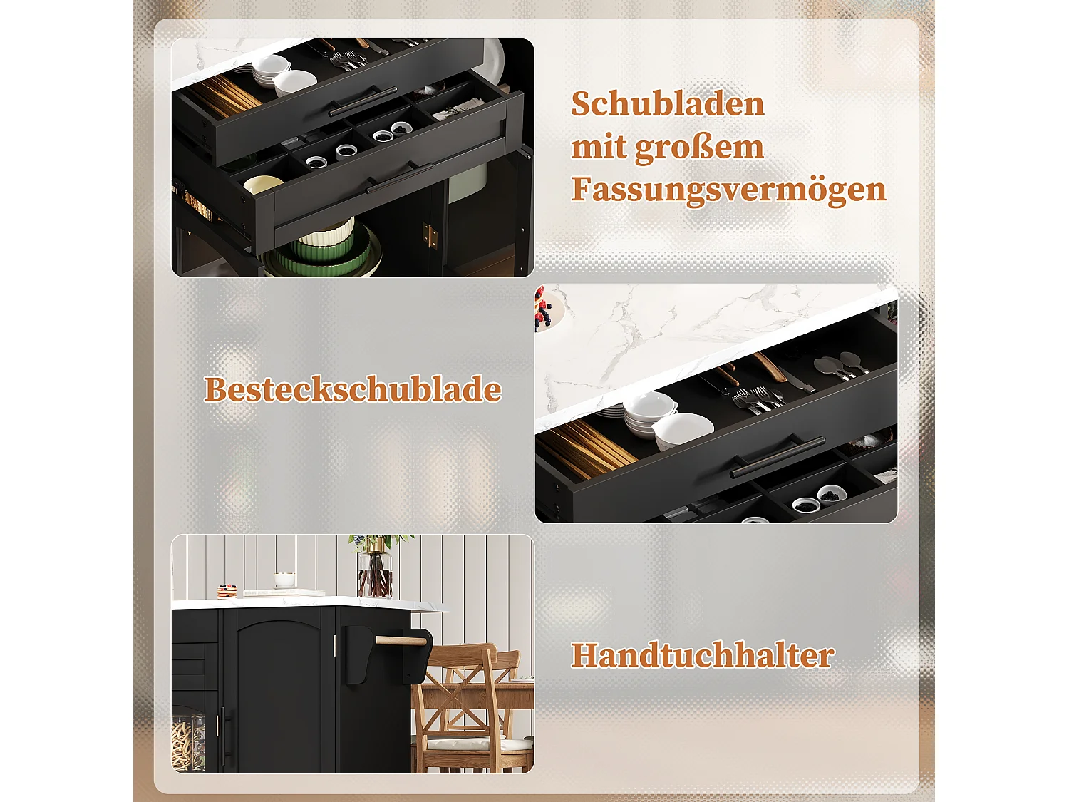 Îlot de cuisine mobile avec plan de travail pliable - 138 x 45 (70) x 90 cm - avec étagère + 2 tiroir + 3 portes - MDF - noir