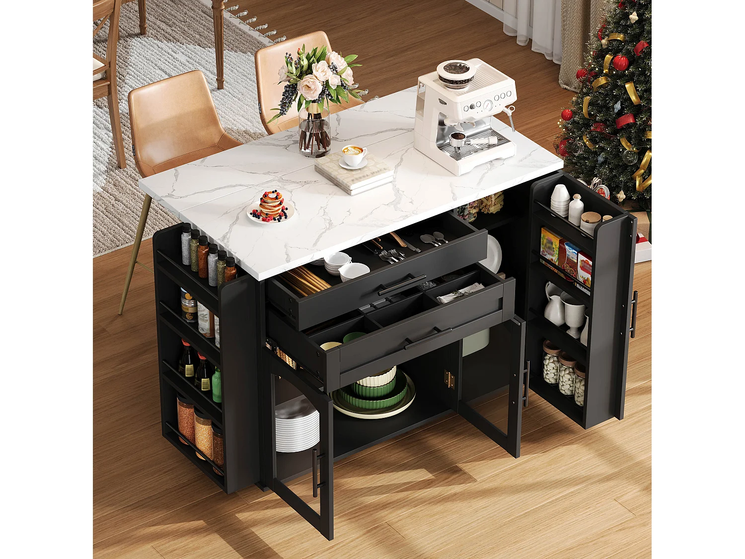 Îlot de cuisine mobile avec plan de travail pliable - 138 x 45 (70) x 90 cm - avec étagère + 2 tiroir + 3 portes - MDF - noir