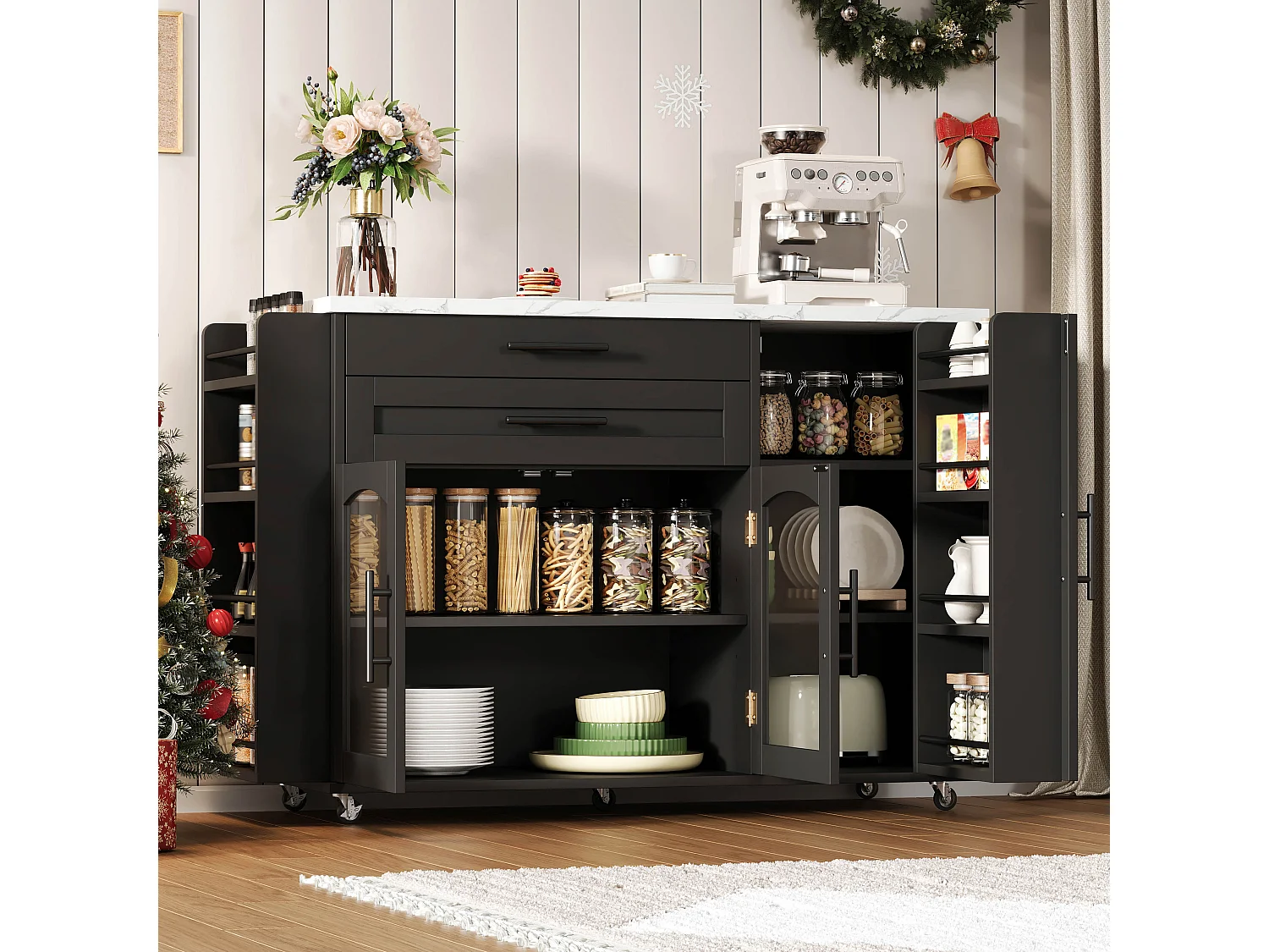 Îlot de cuisine mobile avec plan de travail pliable - 138 x 45 (70) x 90 cm - avec étagère + 2 tiroir + 3 portes - MDF - noir