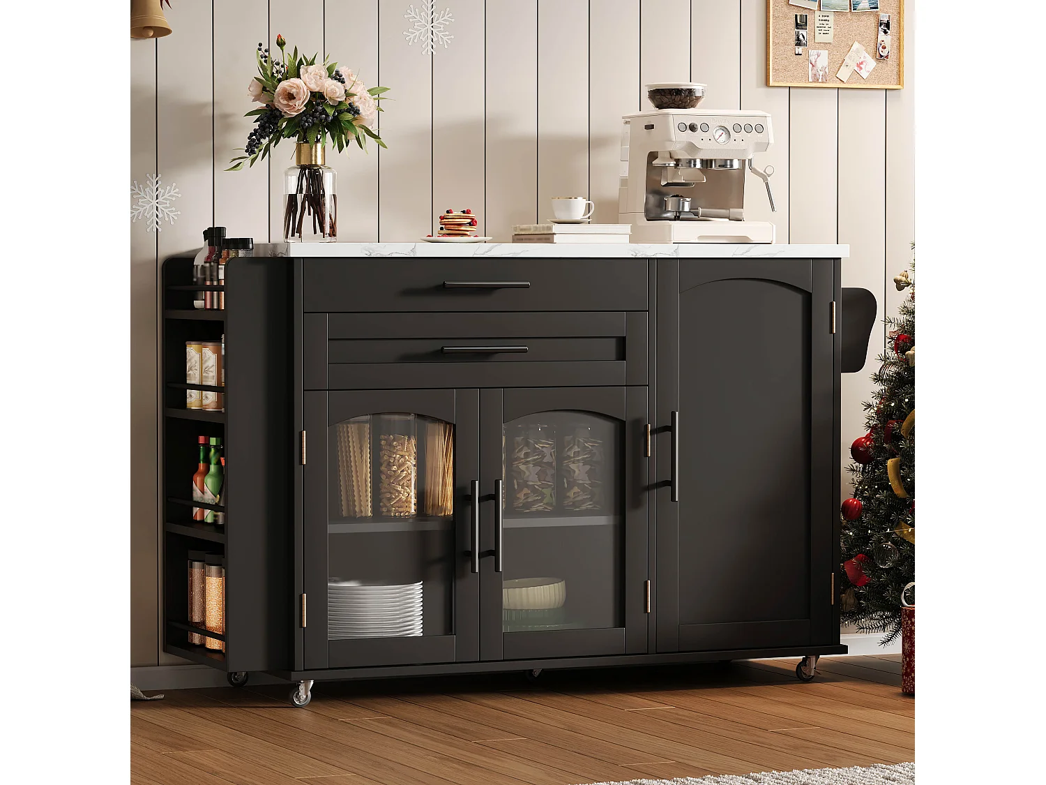 Îlot de cuisine mobile avec plan de travail pliable - 138 x 45 (70) x 90 cm - avec étagère + 2 tiroir + 3 portes - MDF - noir