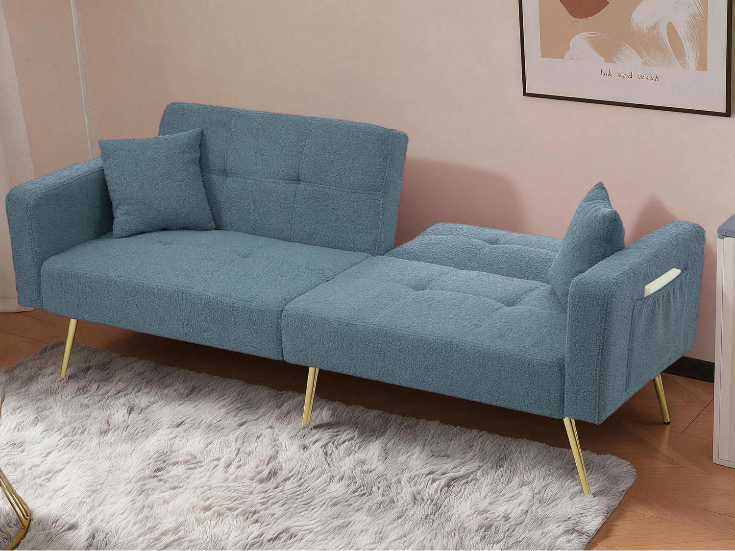 Canapé convertible 2 places - angle réglable - avec coussins et poches de rangement latérales - bleu antique