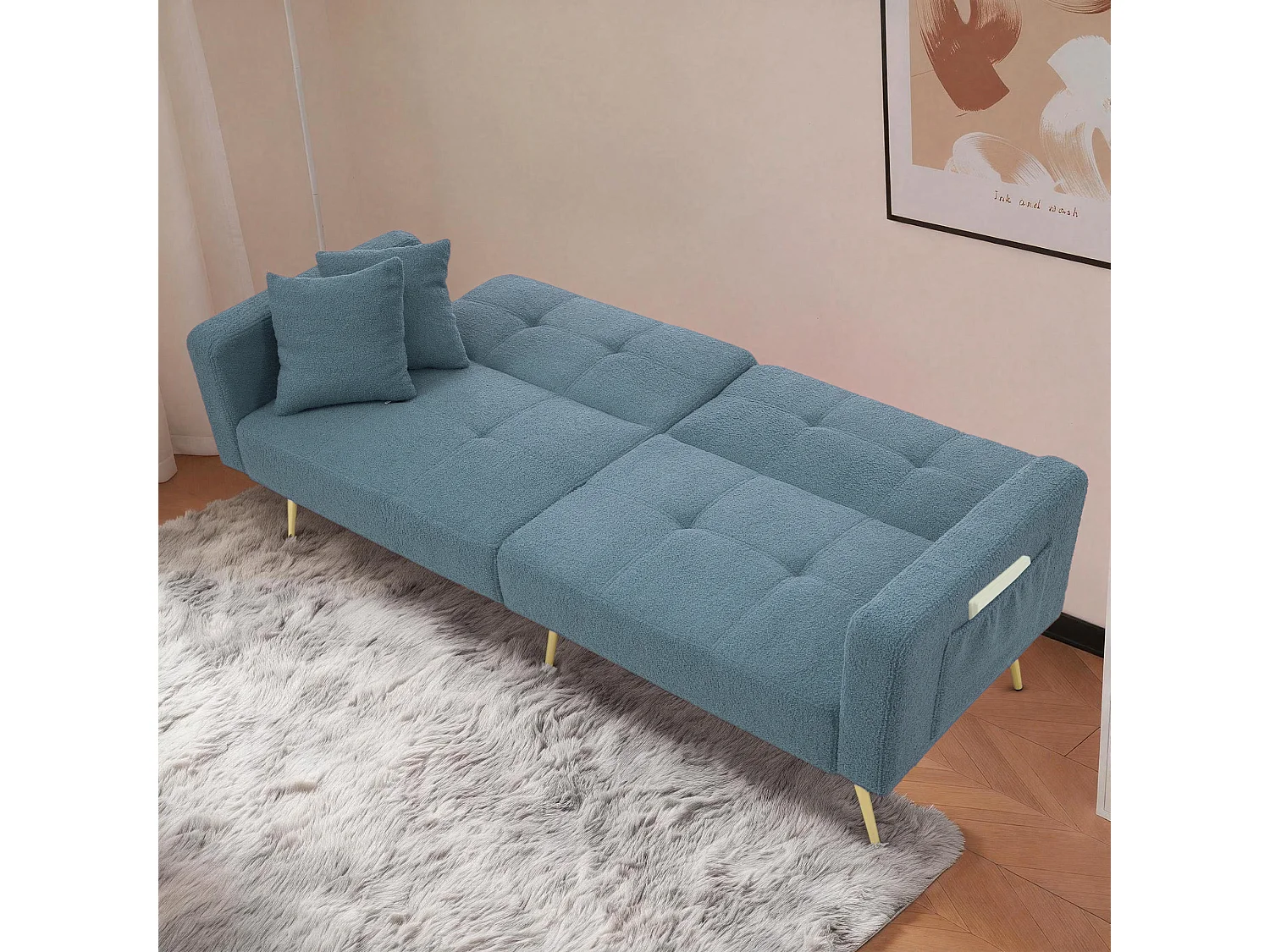 Canapé convertible 2 places - angle réglable - avec coussins et poches de rangement latérales - bleu antique