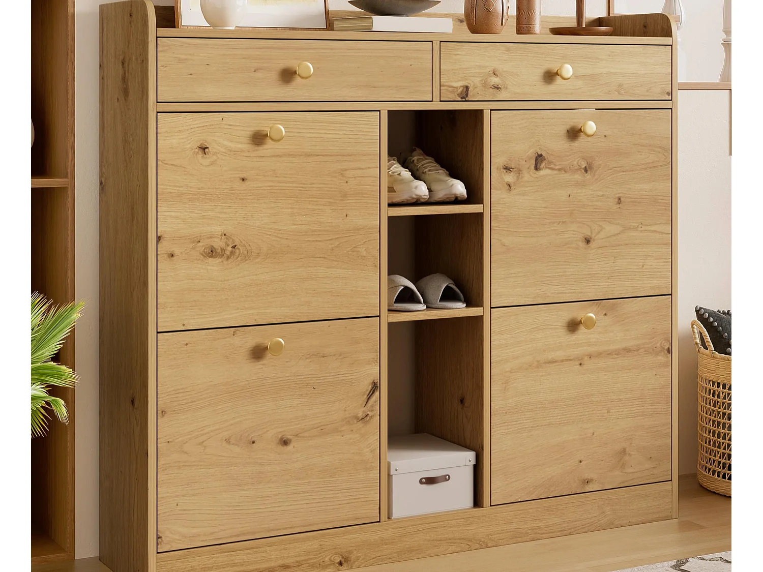 Schuhschrank 110x26x100 cm - 4 Klapptüren, 2 Schubladen und 3 offene Regale - Spanplatten - Natur