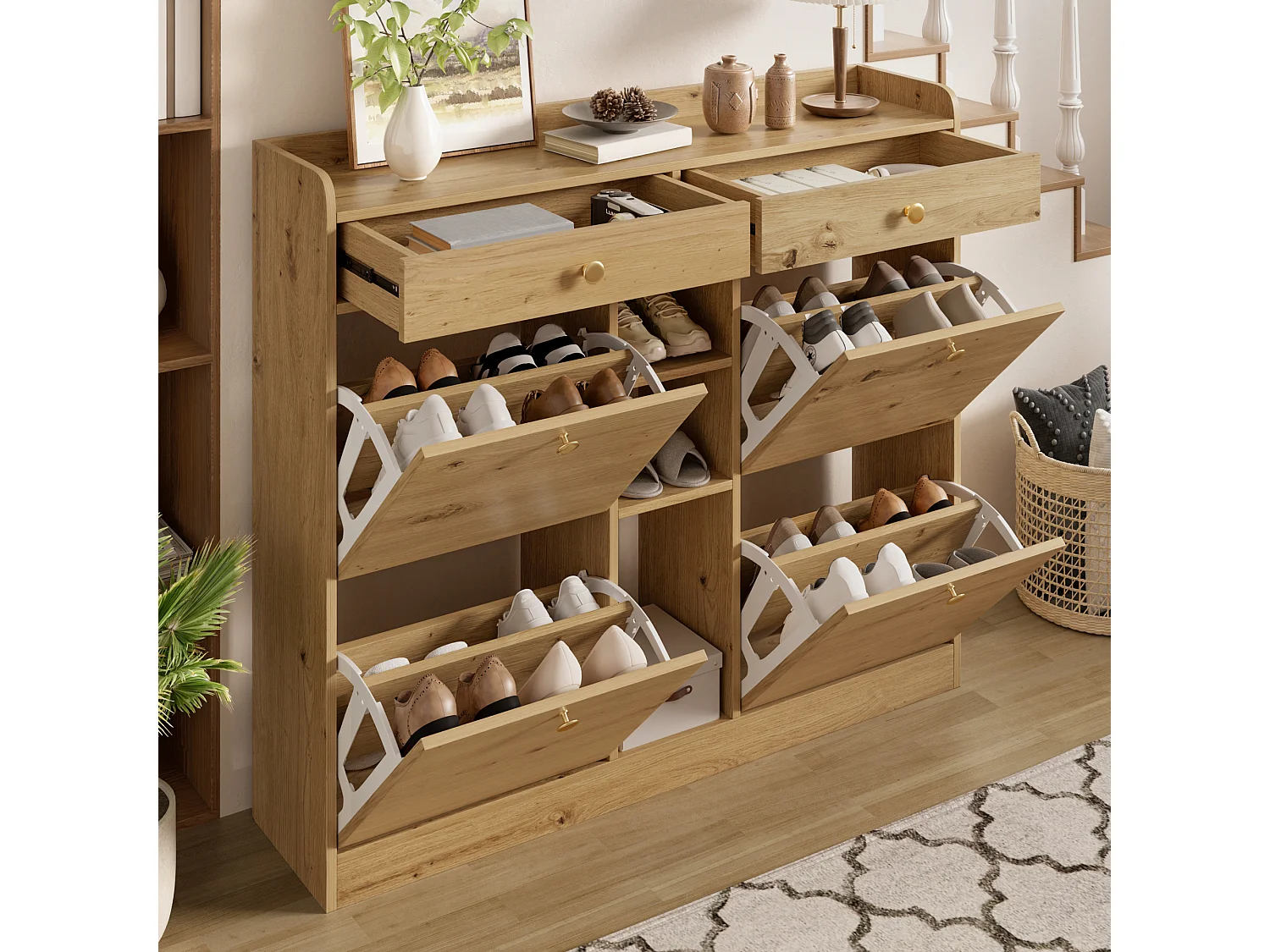 Schuhschrank 110x26x100 cm - 4 Klapptüren, 2 Schubladen und 3 offene Regale - Spanplatten - Natur