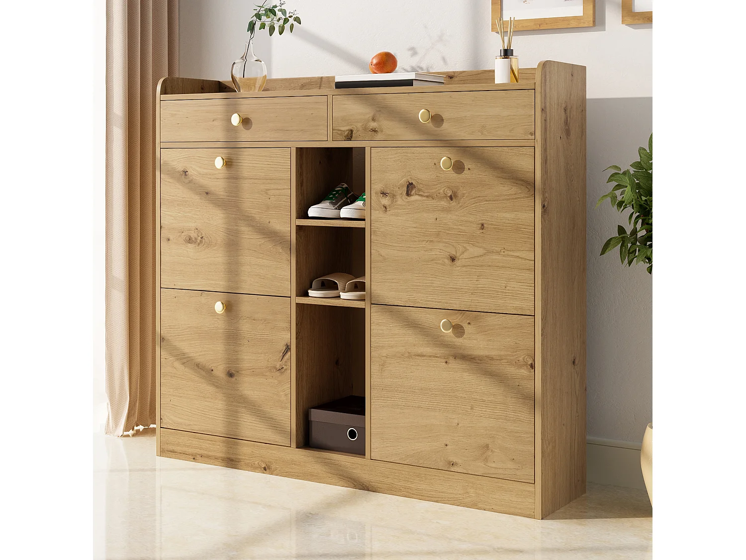 Schuhschrank 110x26x100 cm - 4 Klapptüren, 2 Schubladen und 3 offene Regale - Spanplatten - Natur