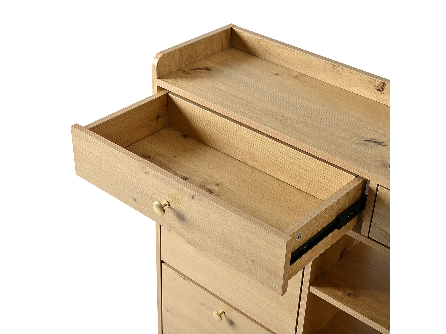 Schuhschrank 110x26x100 cm - 4 Klapptüren, 2 Schubladen und 3 offene Regale - Spanplatten - Natur