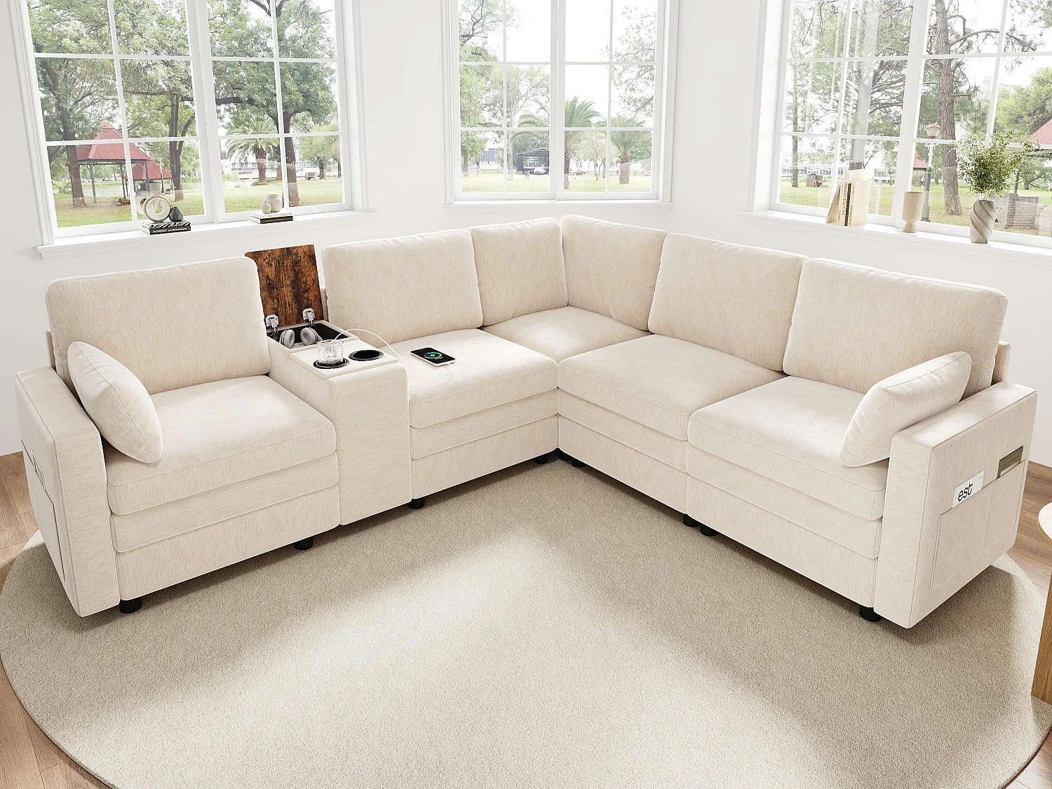 Canapé d'angle 5 places en L - avec panneau de commande - avec port USB et porte-gobelet - Chenil - beige