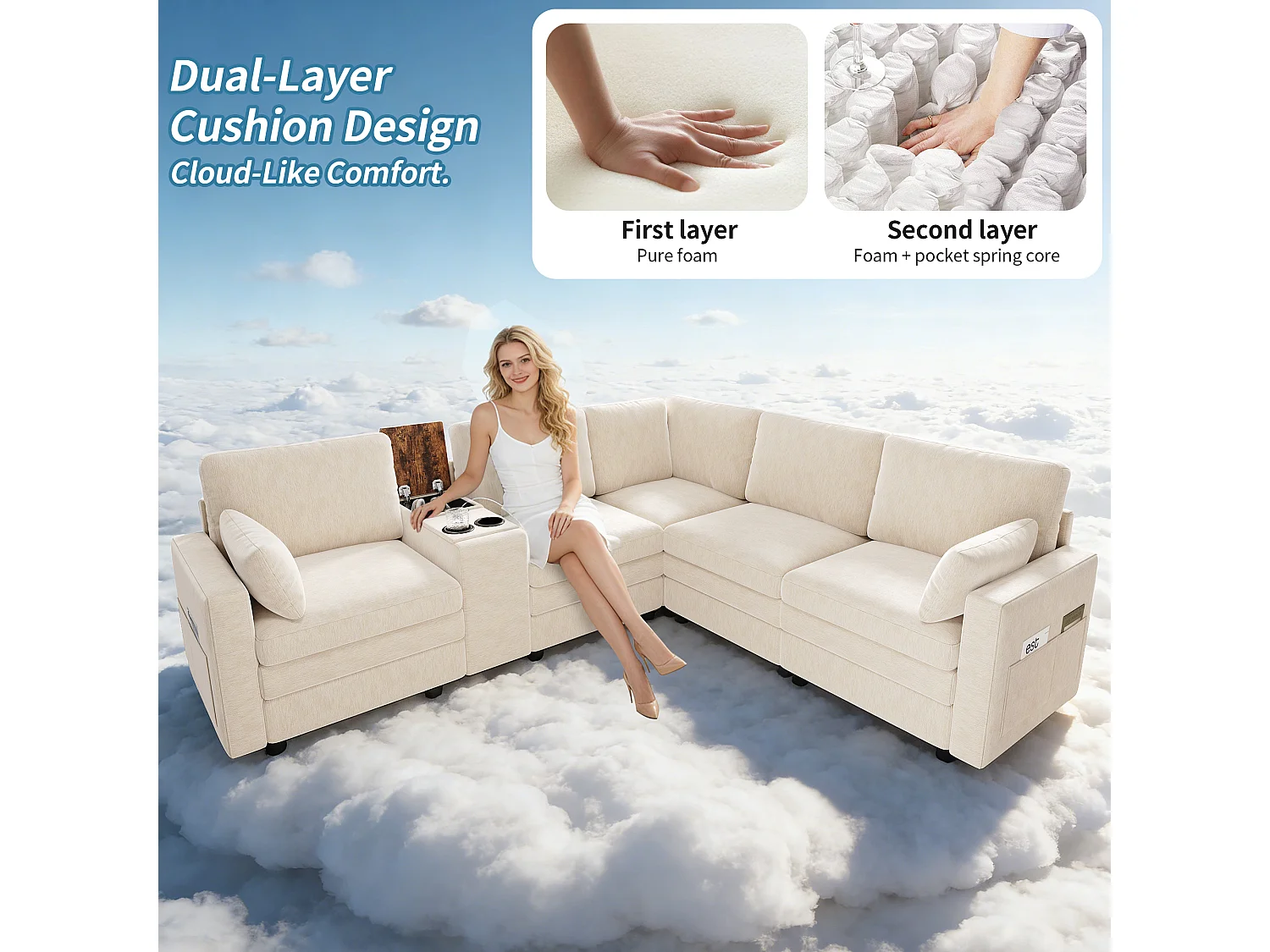 Canapé d'angle 5 places en L - avec panneau de commande - avec port USB et porte-gobelet - Chenil - beige