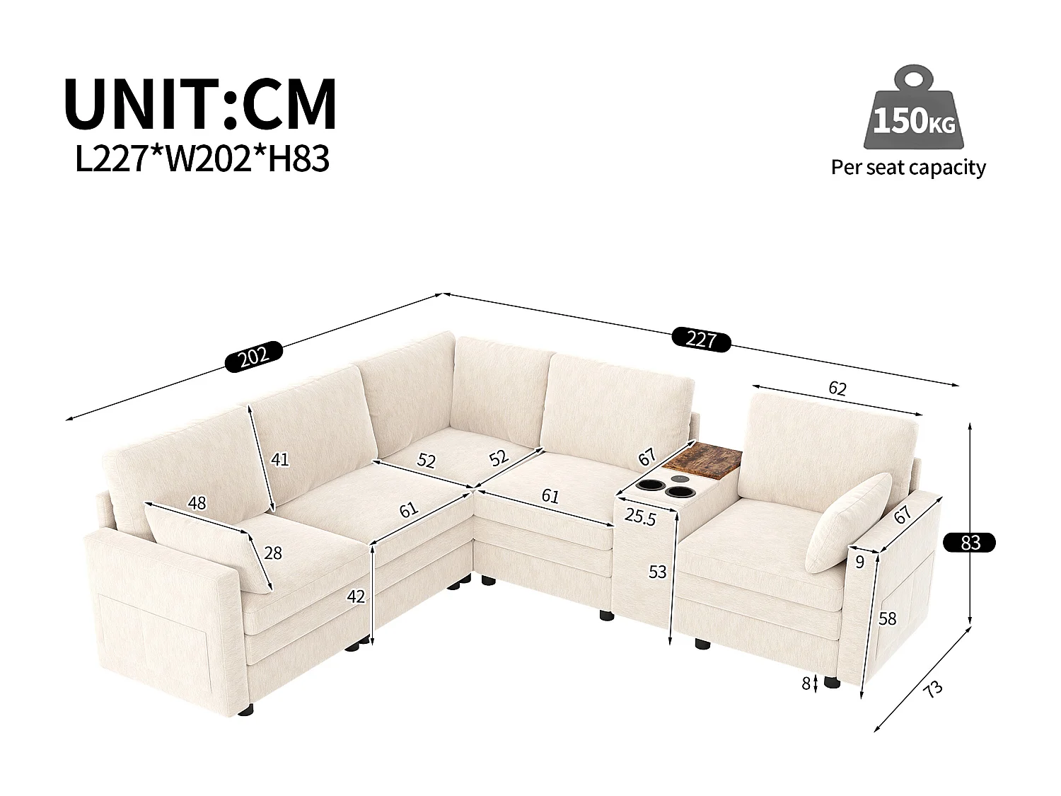 Canapé d'angle 5 places en L - avec panneau de commande - avec port USB et porte-gobelet - Chenil - beige