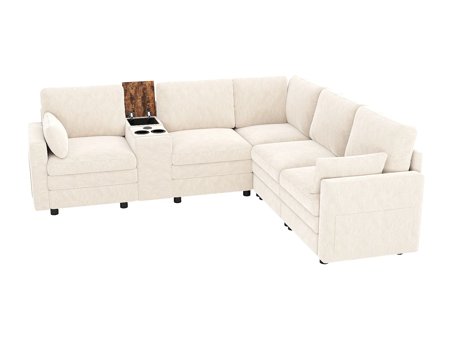 Canapé d'angle 5 places en L - avec panneau de commande - avec port USB et porte-gobelet - Chenil - beige