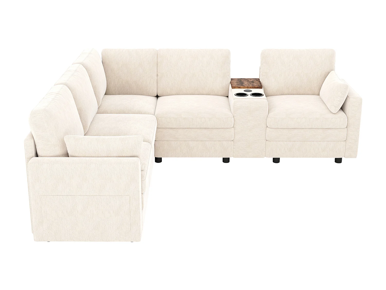 Canapé d'angle 5 places en L - avec panneau de commande - avec port USB et porte-gobelet - Chenil - beige