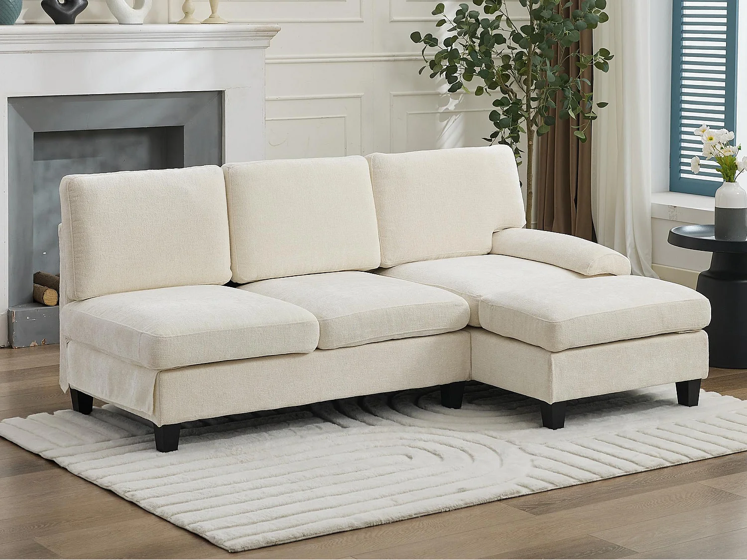 Canapé d'angle 3 places en forme de L - 194x118x81 cm - Modulaire - Coussins moelleux - Lin - Beige