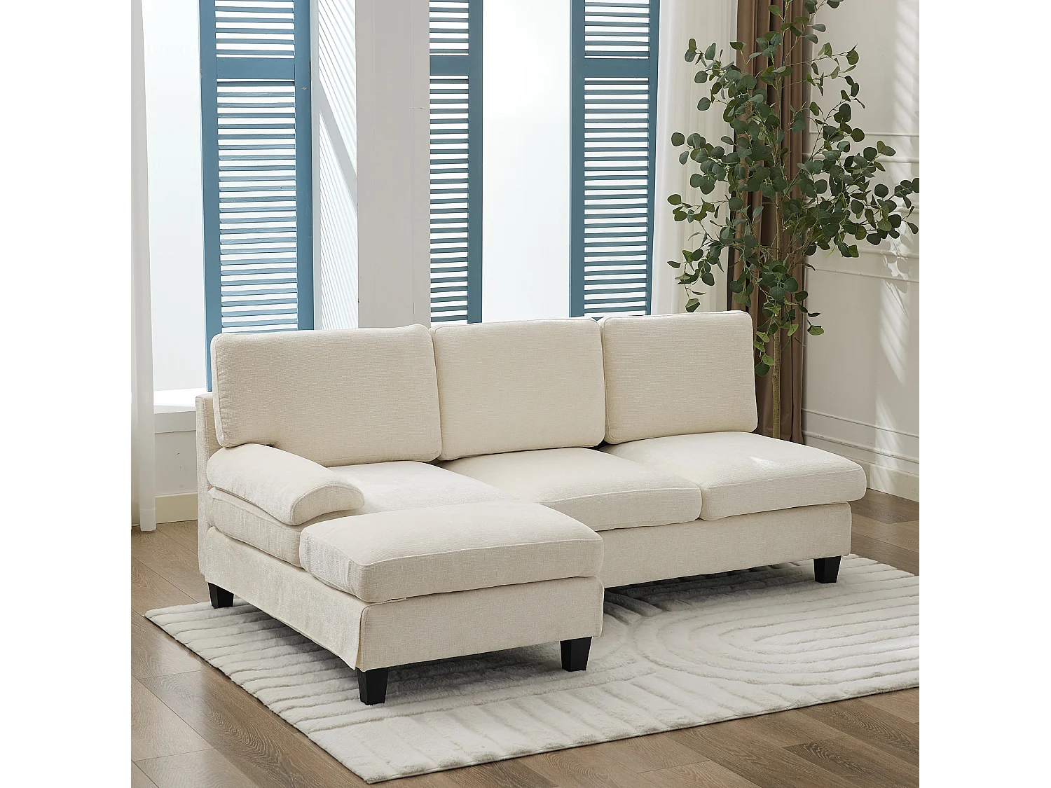 Canapé d'angle 3 places en forme de L - 194x118x81 cm - Modulaire - Coussins moelleux - Lin - Beige