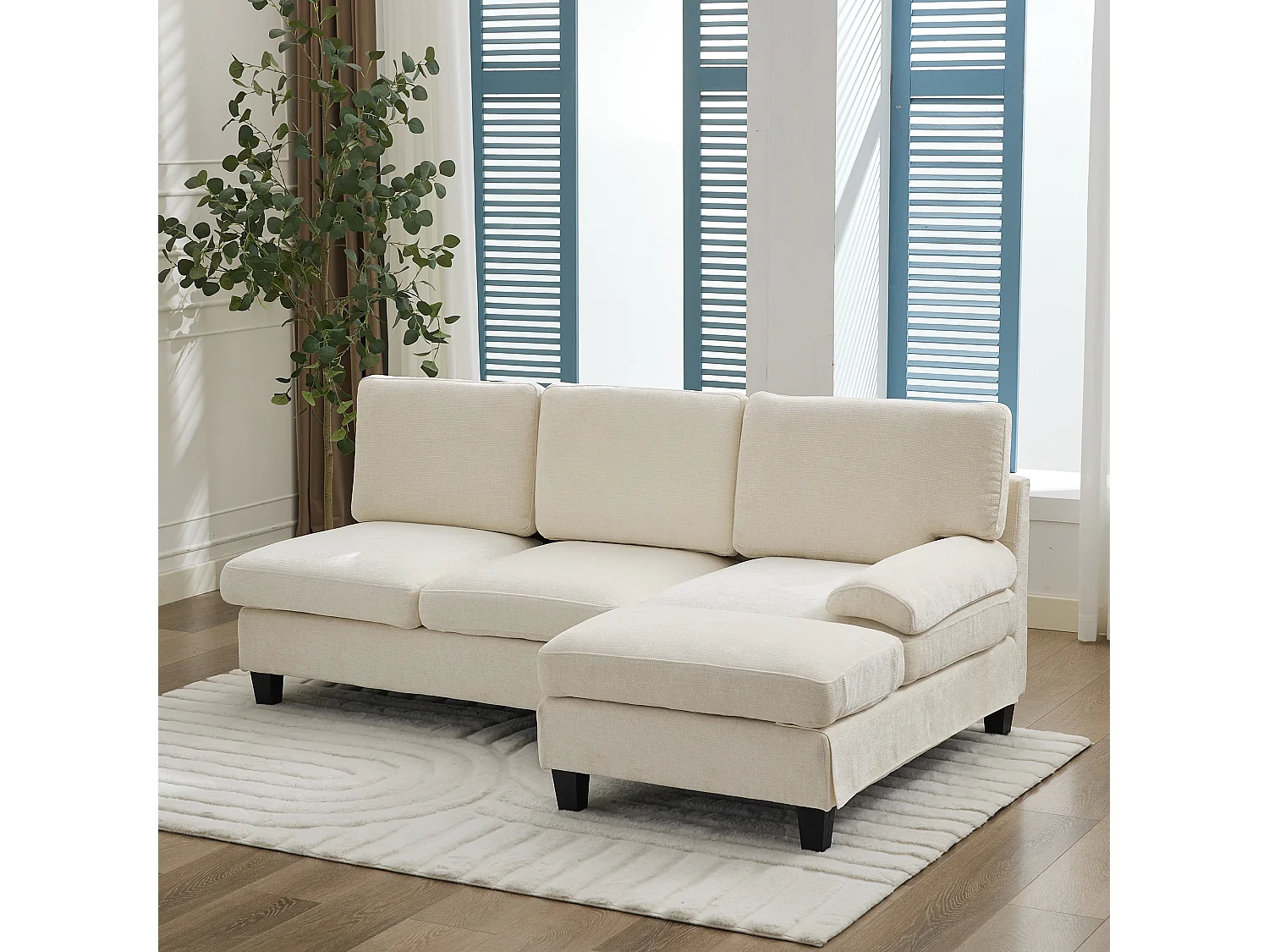 Canapé d'angle 3 places en forme de L - 194x118x81 cm - Modulaire - Coussins moelleux - Lin - Beige