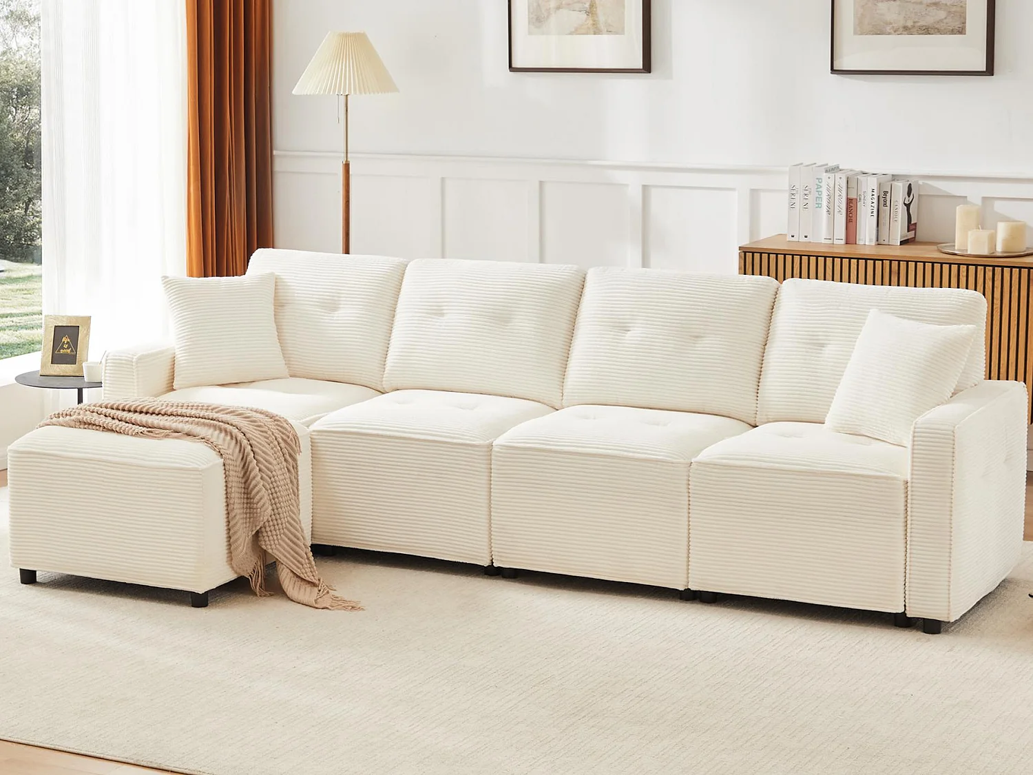 Canapé moderne en velours côtelé - espace de rangement en dessous - avec repose-pieds à déplacement libre - Beige