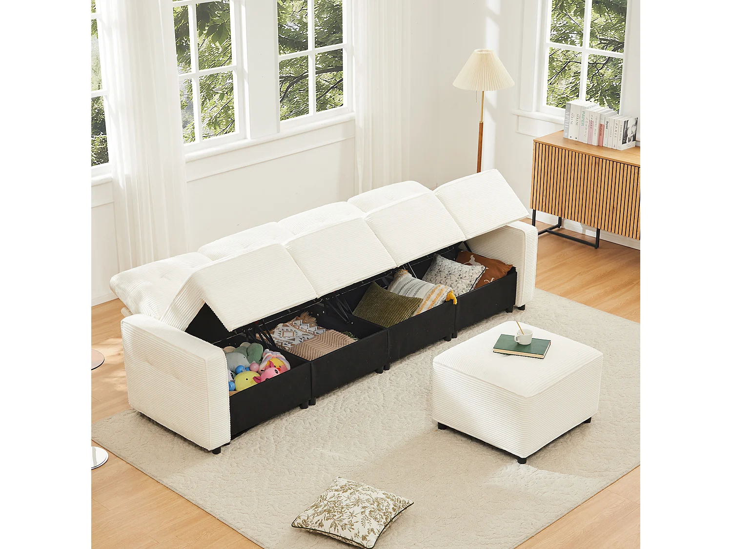 Canapé moderne en velours côtelé - espace de rangement en dessous - avec repose-pieds à déplacement libre - Beige