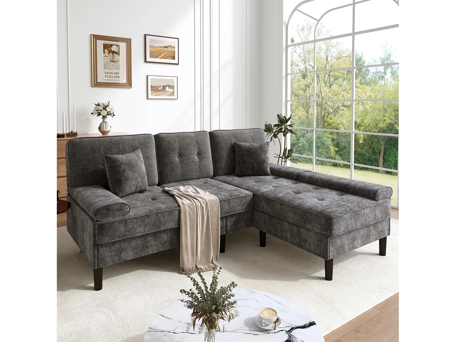 Canapé d'angle en L 3 places - avec 2 coussins - Pouf amovible - Tissu chenille - Gris