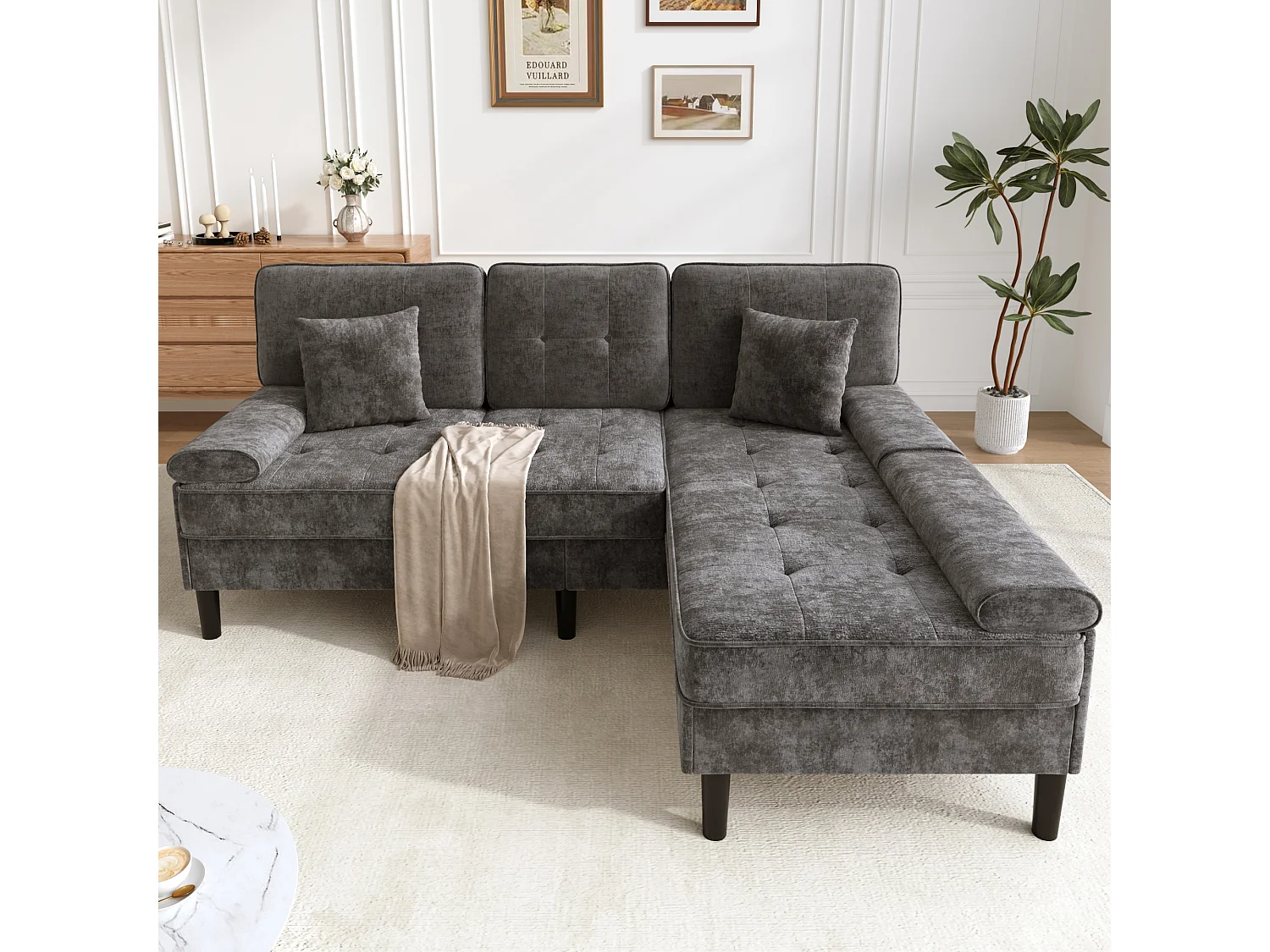 Canapé d'angle en L 3 places - avec 2 coussins - Pouf amovible - Tissu chenille - Gris