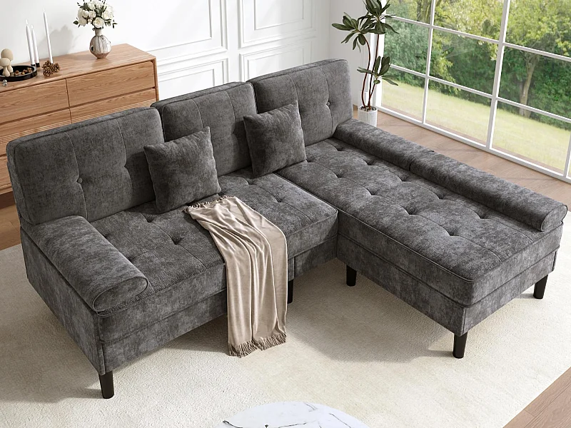 Canapé d'angle en L 3 places - avec 2 coussins - Pouf amovible - Tissu chenille - Gris