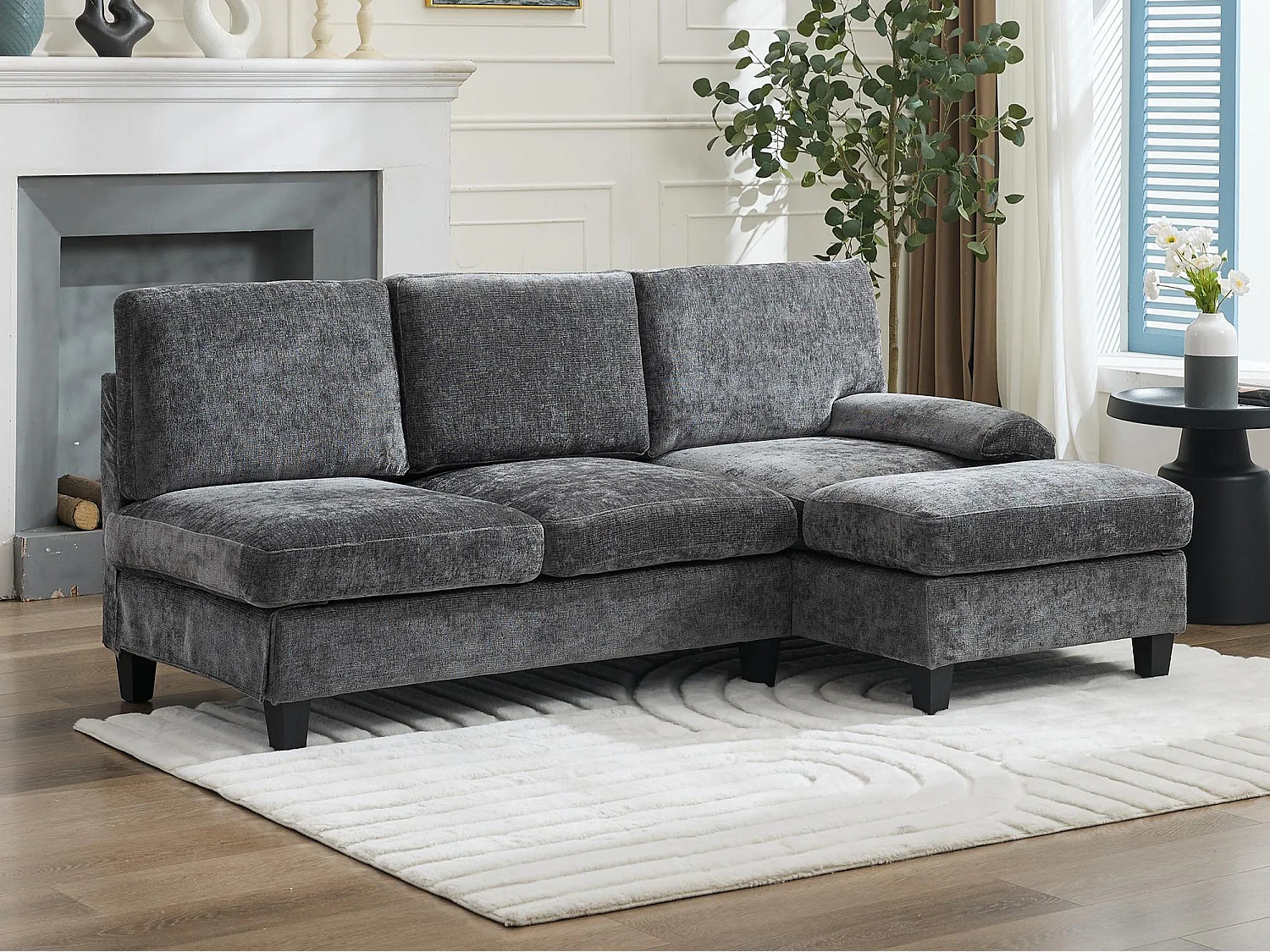 Canapé d'angle 3 places en forme de L - 194x118x81 cm - Modulaire - Coussins moelleux - Lin - Gris