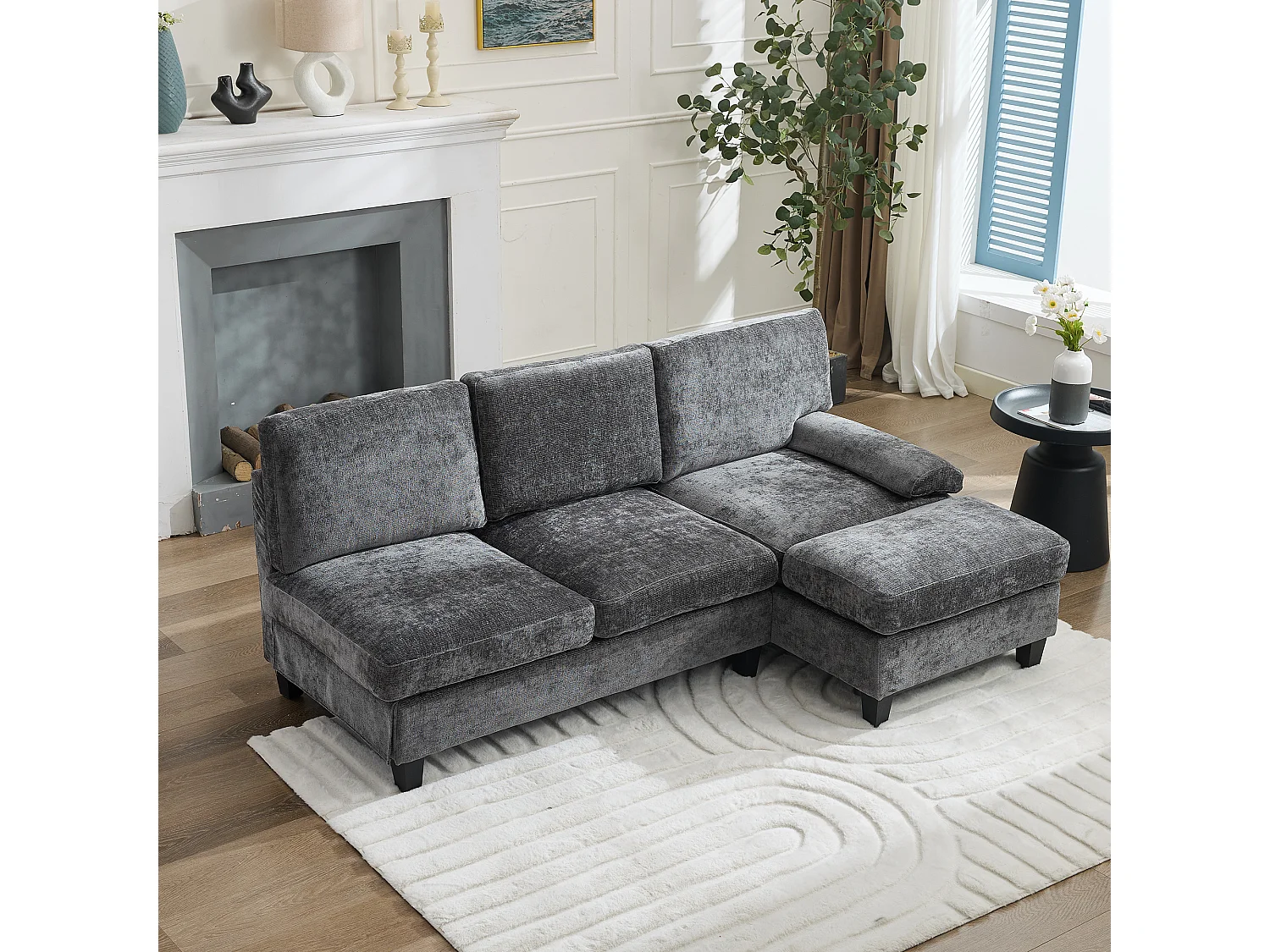 Canapé d'angle 3 places en forme de L - 194x118x81 cm - Modulaire - Coussins moelleux - Lin - Gris