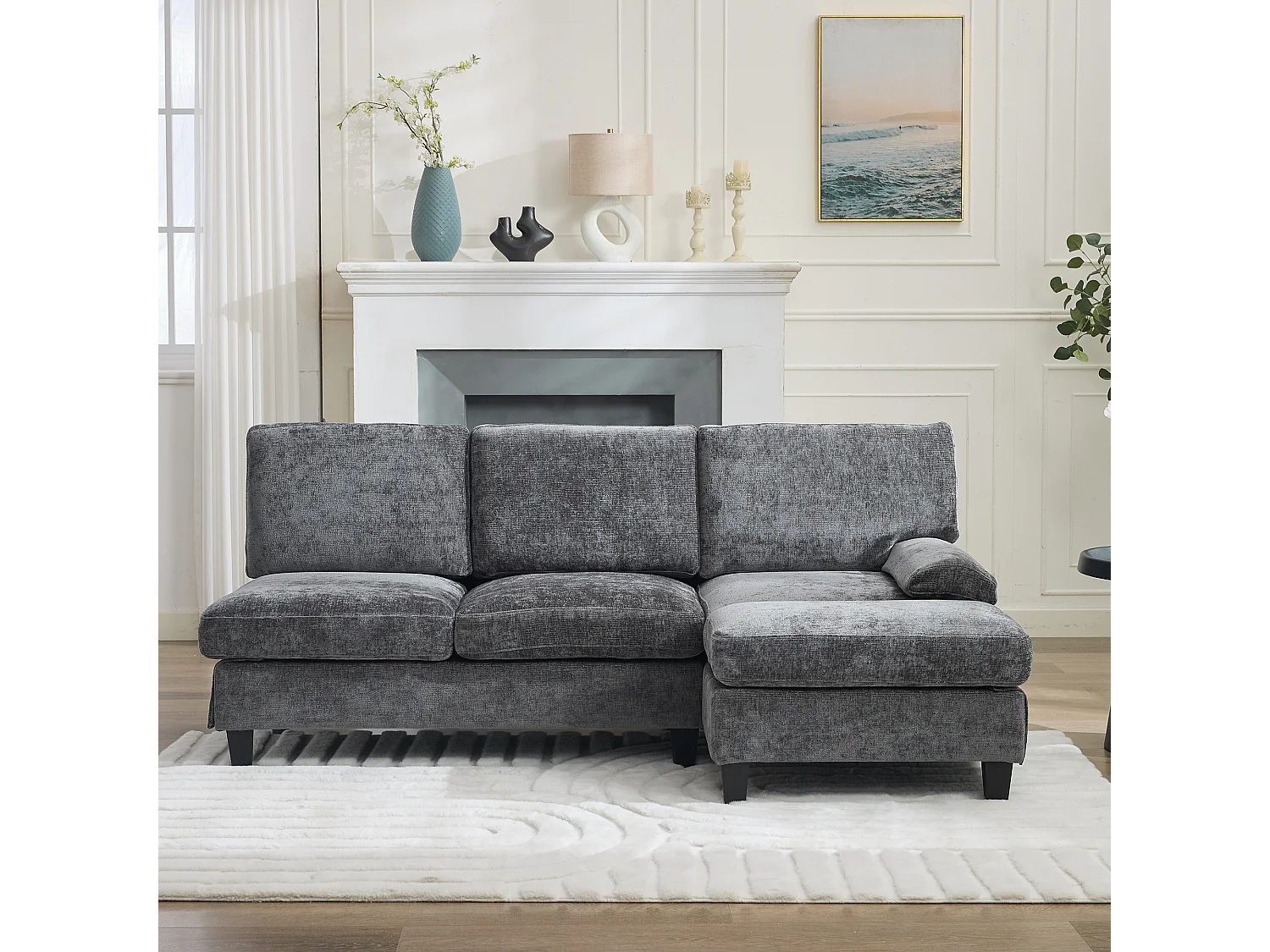 Canapé d'angle 3 places en forme de L - 194x118x81 cm - Modulaire - Coussins moelleux - Lin - Gris