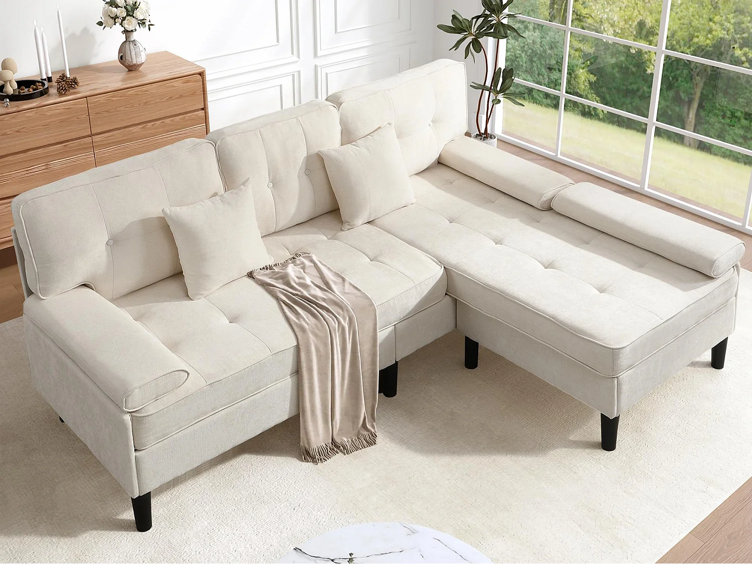 Canapé d'angle en L 3 places - avec 2 coussins - Pouf amovible - Tissu chenille - Beige