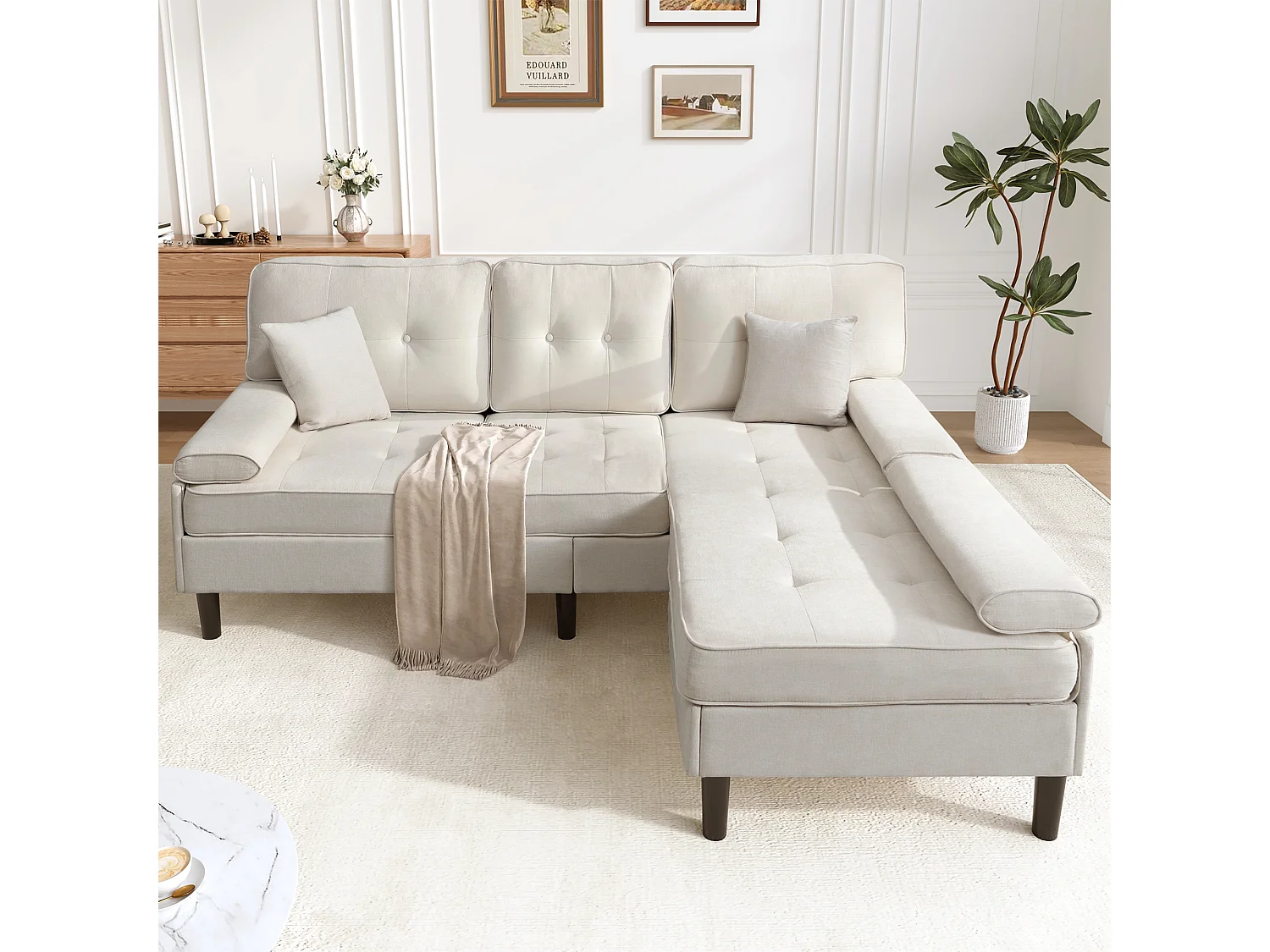 Canapé d'angle en L 3 places - avec 2 coussins - Pouf amovible - Tissu chenille - Beige