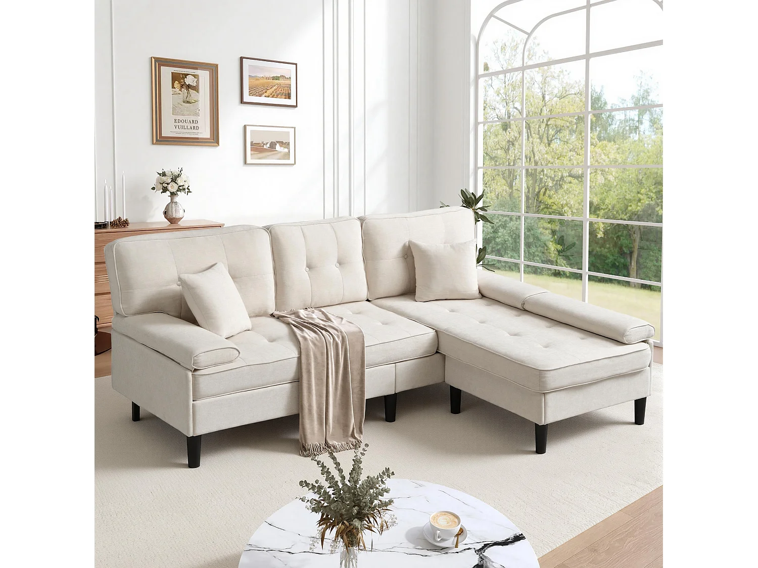 Canapé d'angle en L 3 places - avec 2 coussins - Pouf amovible - Tissu chenille - Beige