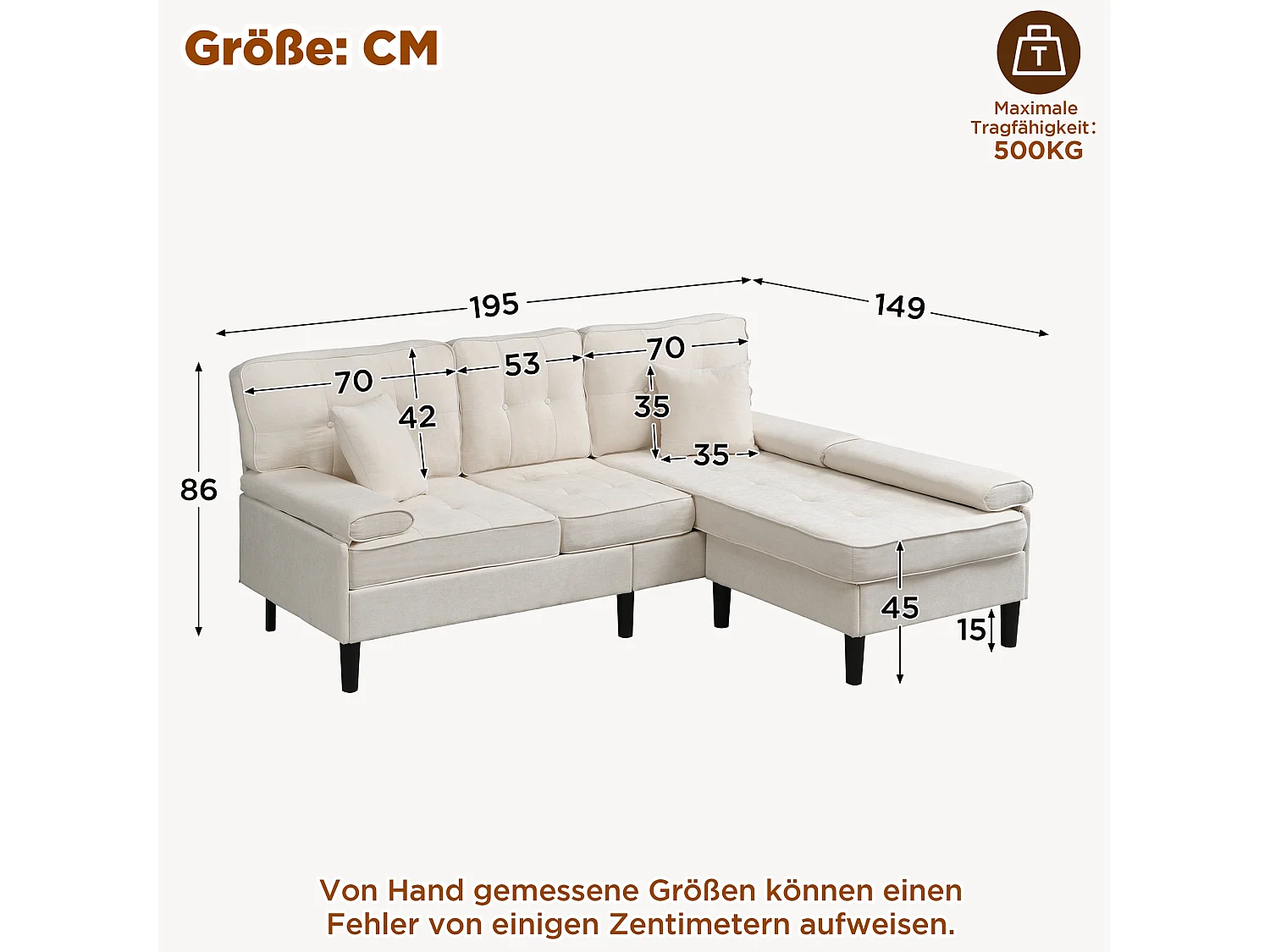 Canapé d'angle en L 3 places - avec 2 coussins - Pouf amovible - Tissu chenille - Beige