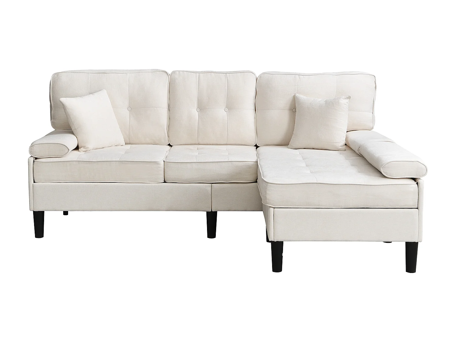 Canapé d'angle en L 3 places - avec 2 coussins - Pouf amovible - Tissu chenille - Beige