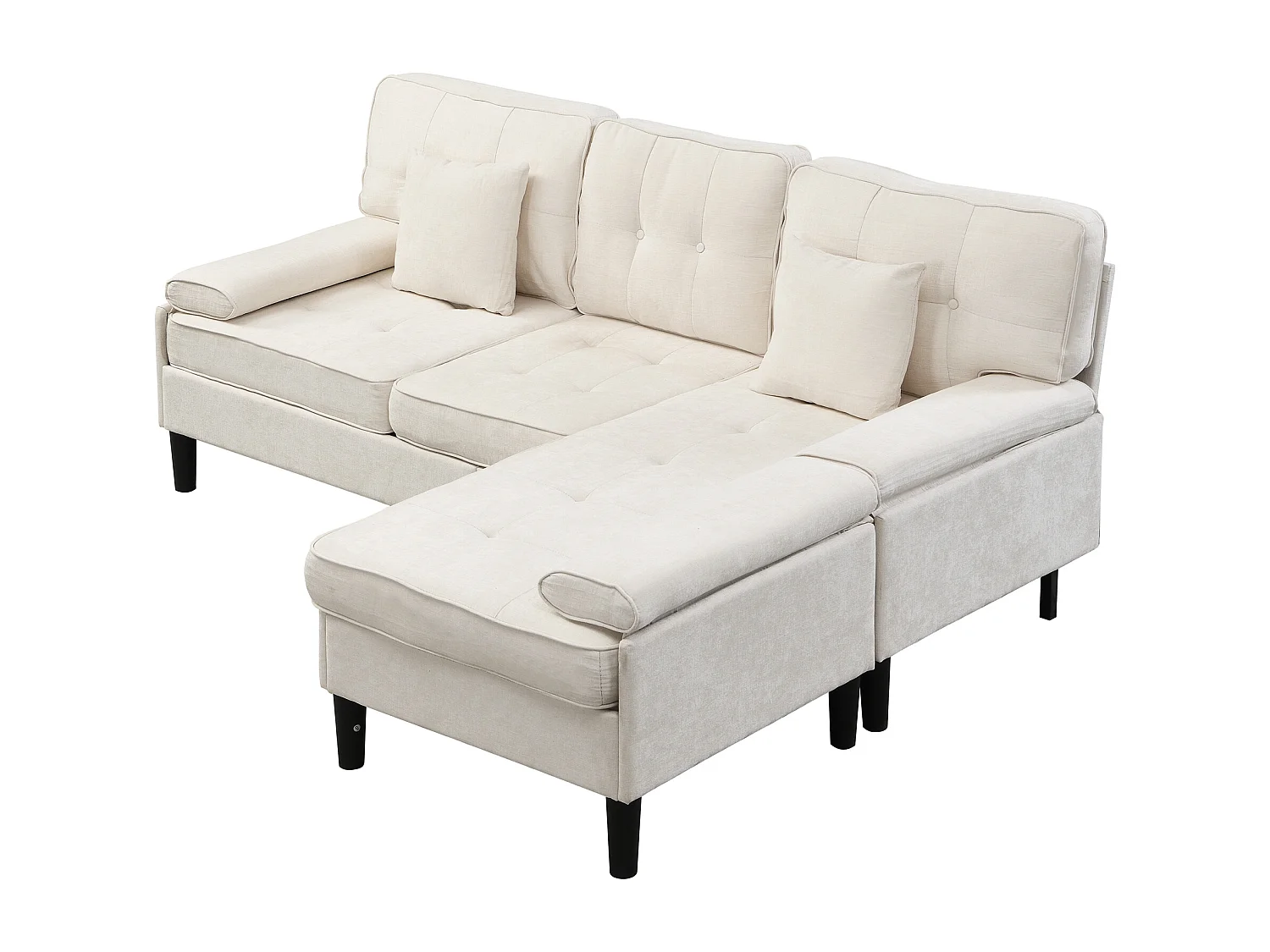 Canapé d'angle en L 3 places - avec 2 coussins - Pouf amovible - Tissu chenille - Beige