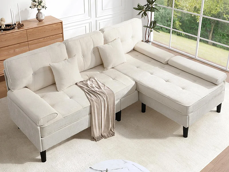 Canapé d'angle en L 3 places - avec 2 coussins - Pouf amovible - Tissu chenille - Beige