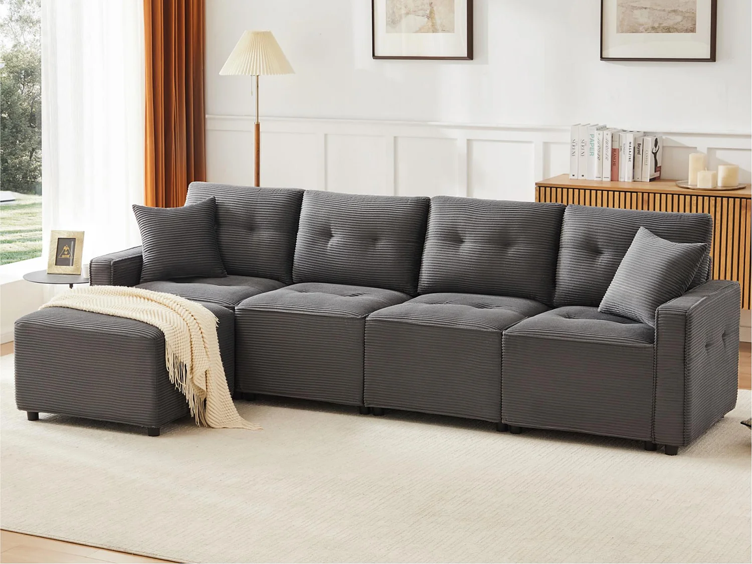 Canapé moderne en velours côtelé - espace de rangement en dessous - avec repose-pieds à déplacement libre - Gris