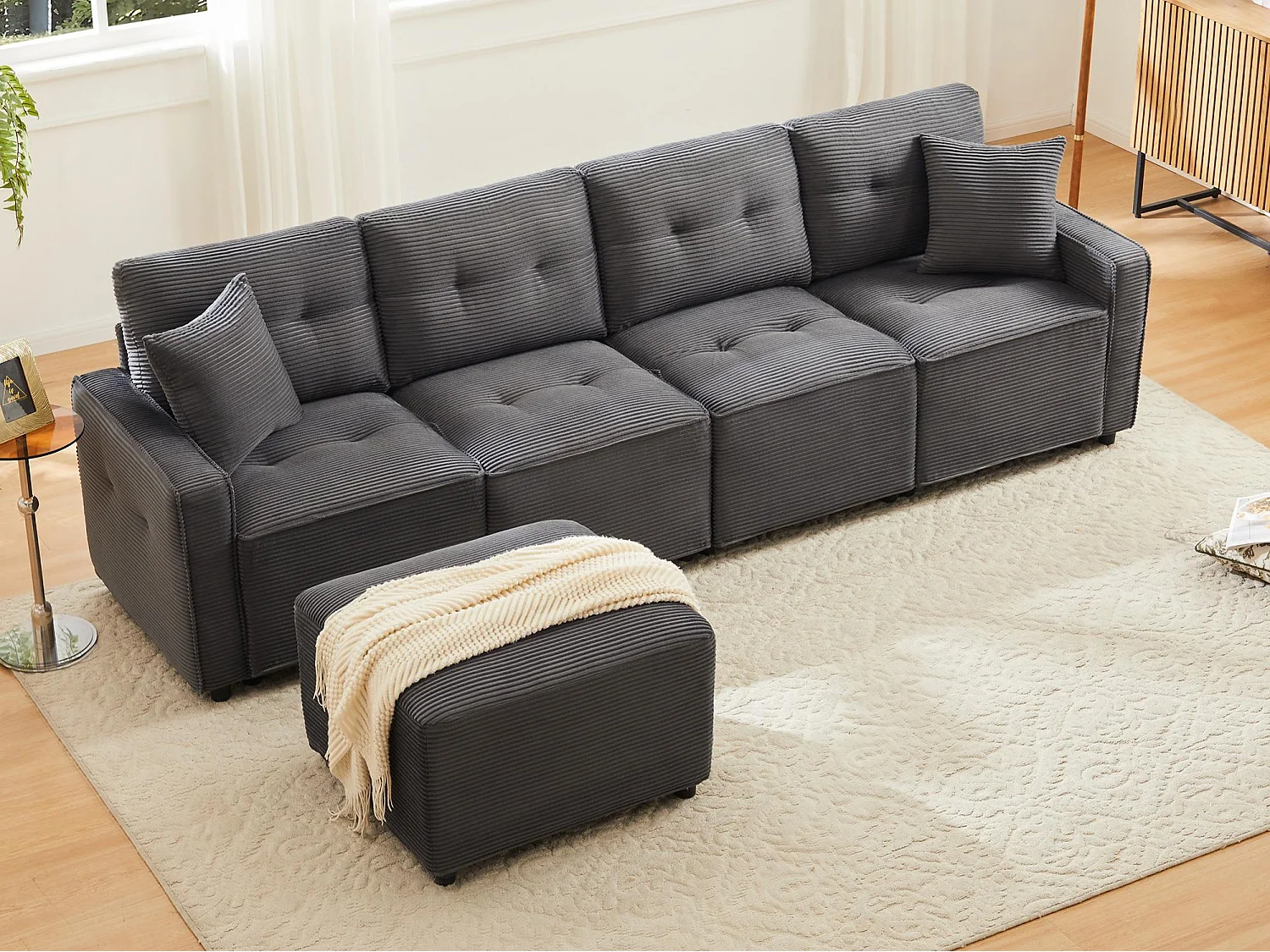 Canapé moderne en velours côtelé - espace de rangement en dessous - avec repose-pieds à déplacement libre - Gris