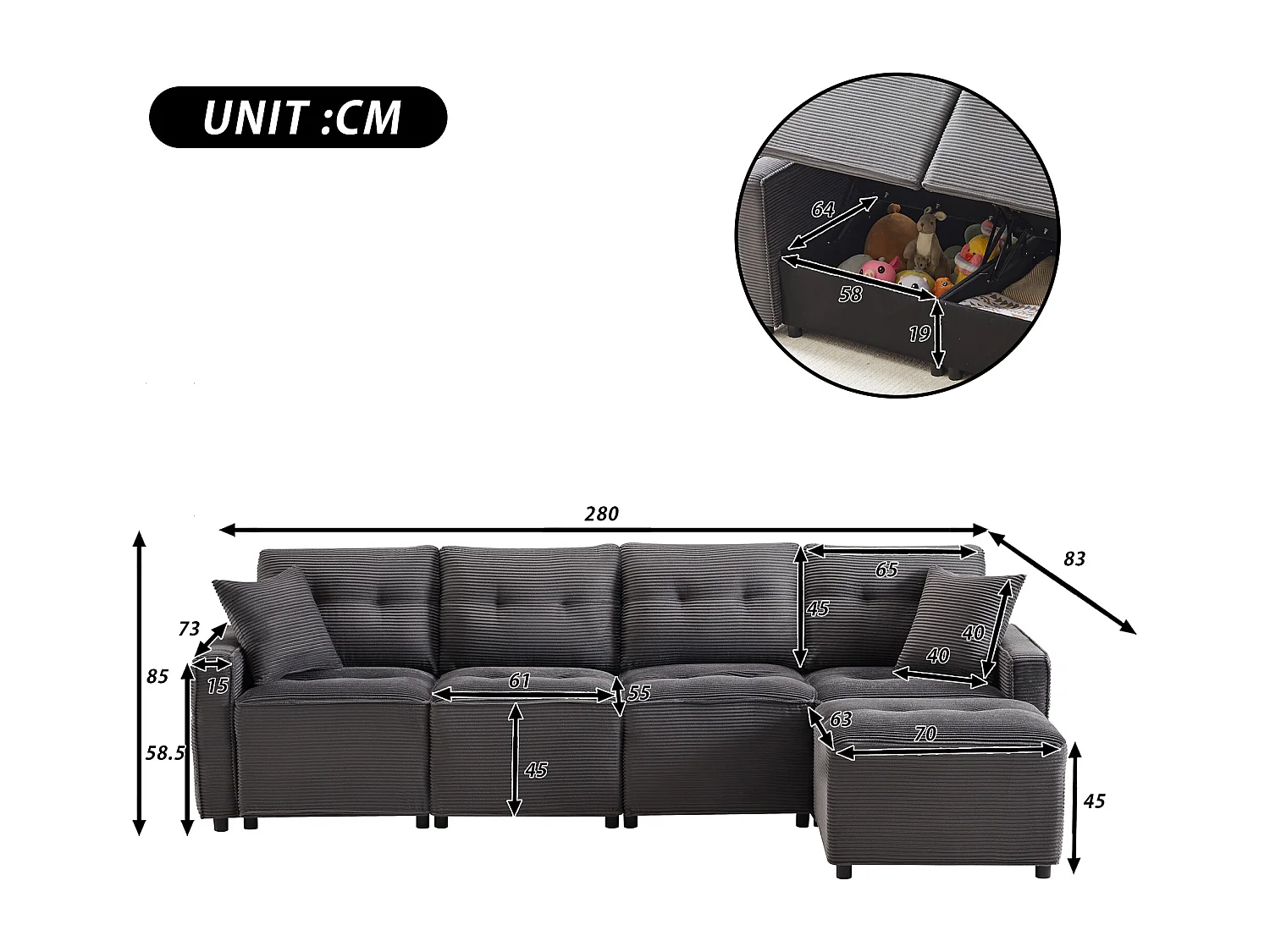 Canapé moderne en velours côtelé - espace de rangement en dessous - avec repose-pieds à déplacement libre - Gris