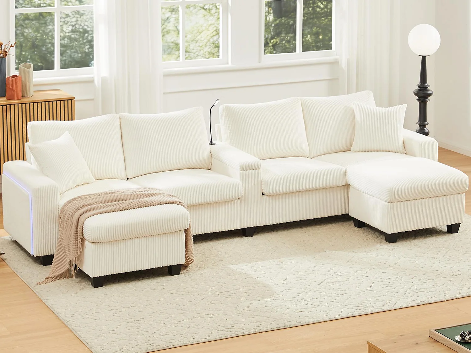 Canapé moderne en forme de U - avec USB, Type-C et lampe de lecture - avec lumières LED Porte - avec gobelet et 2 repose-pieds - velours côtelé - Beige