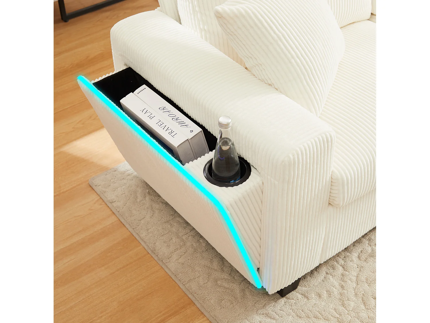 Canapé moderne en forme de U - avec USB, Type-C et lampe de lecture - avec lumières LED Porte - avec gobelet et 2 repose-pieds - velours côtelé - Beige