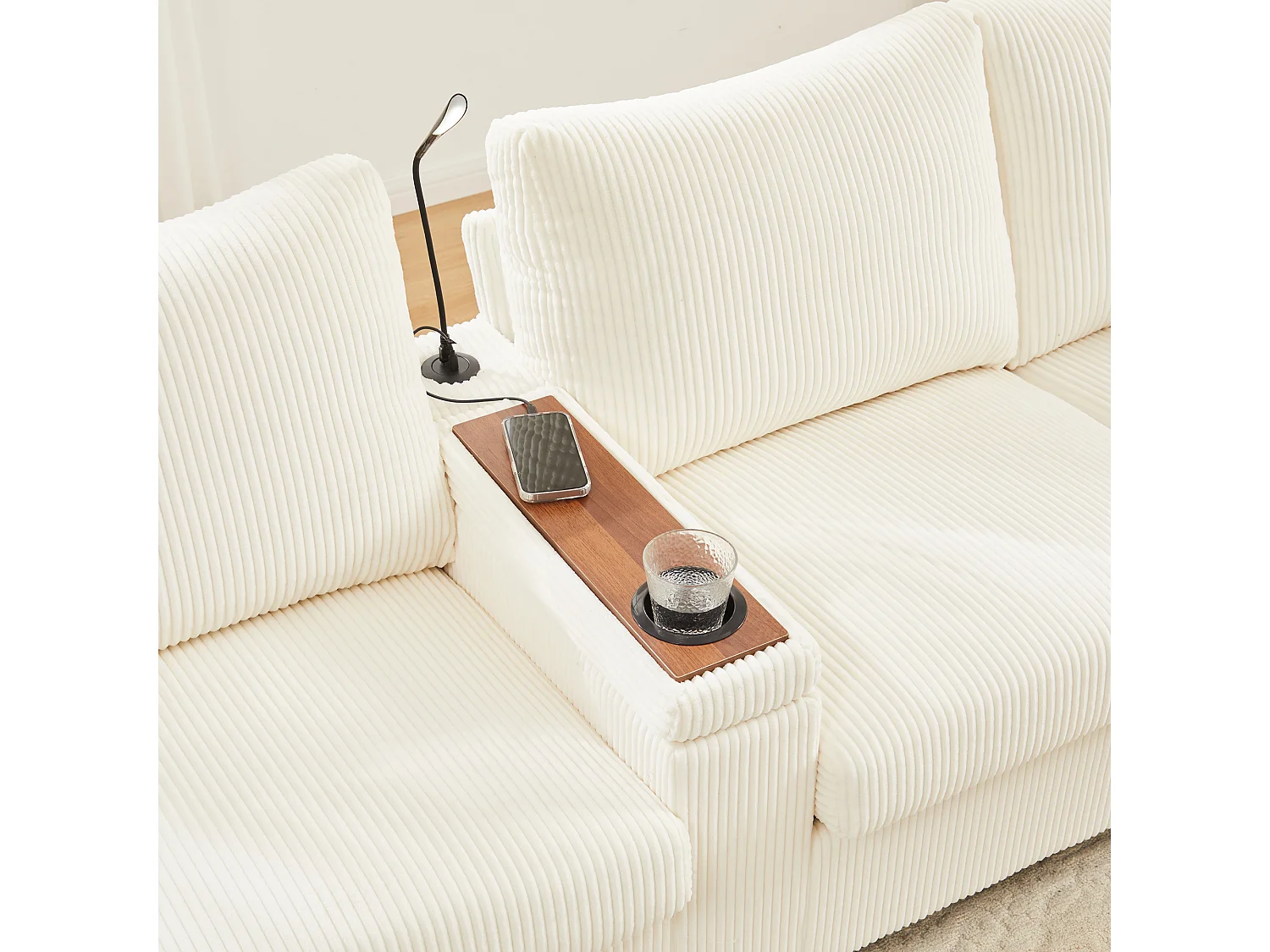 Canapé moderne en forme de U - avec USB, Type-C et lampe de lecture - avec lumières LED Porte - avec gobelet et 2 repose-pieds - velours côtelé - Beige