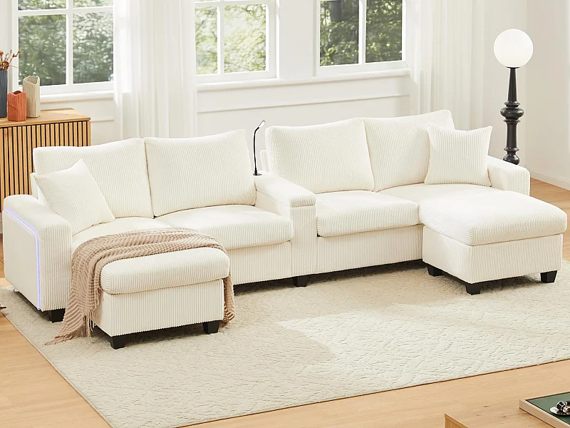 Modernes U-förmiges Sofa - mit USB, Type-C und Leselampe - mit LED-Türleuchten - mit Getränkehalter und 2 Fußhockern - Rippensamt - Beige